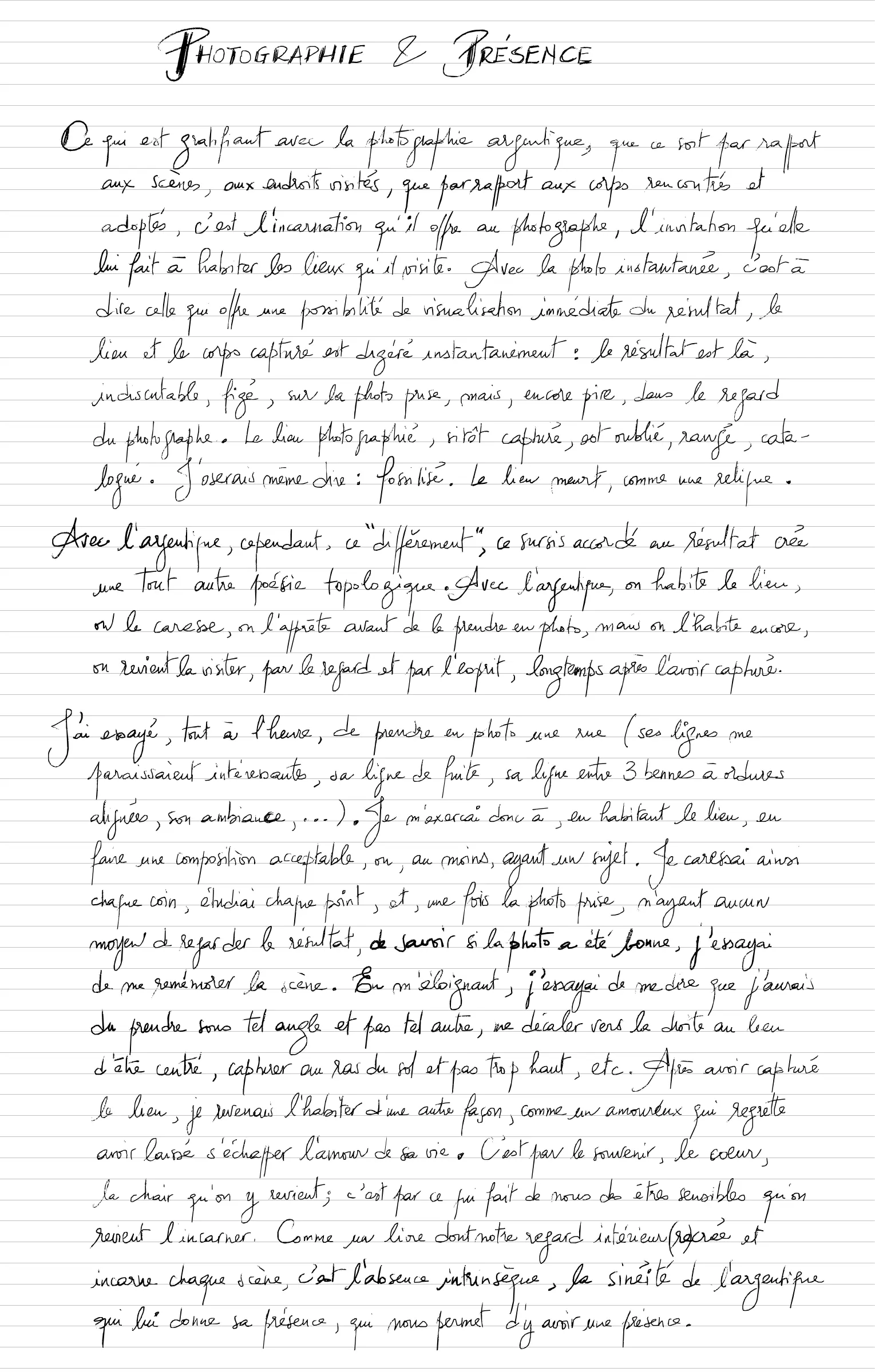 Photographie et Présence, first handwritten page